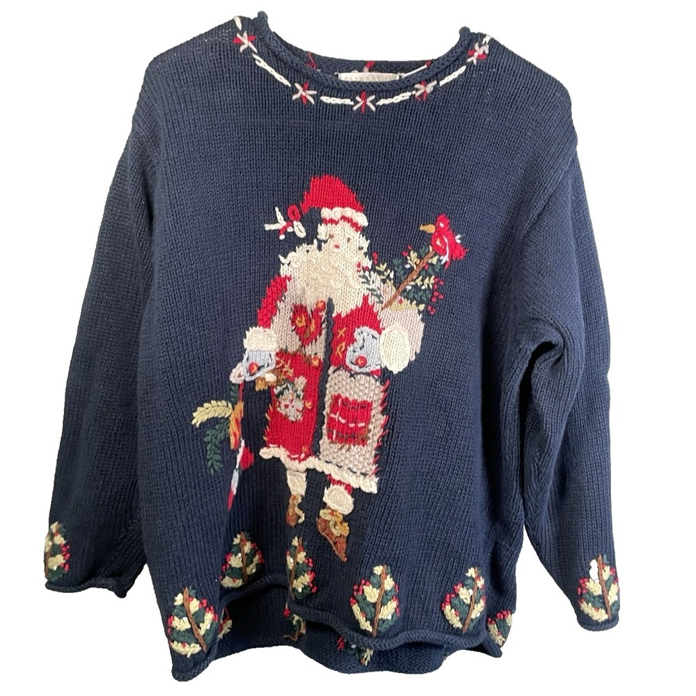 VTG Grandmacore Liz Claiborne Santa Knit‎ by Hand Christmas Sweater 1P Elisabeth